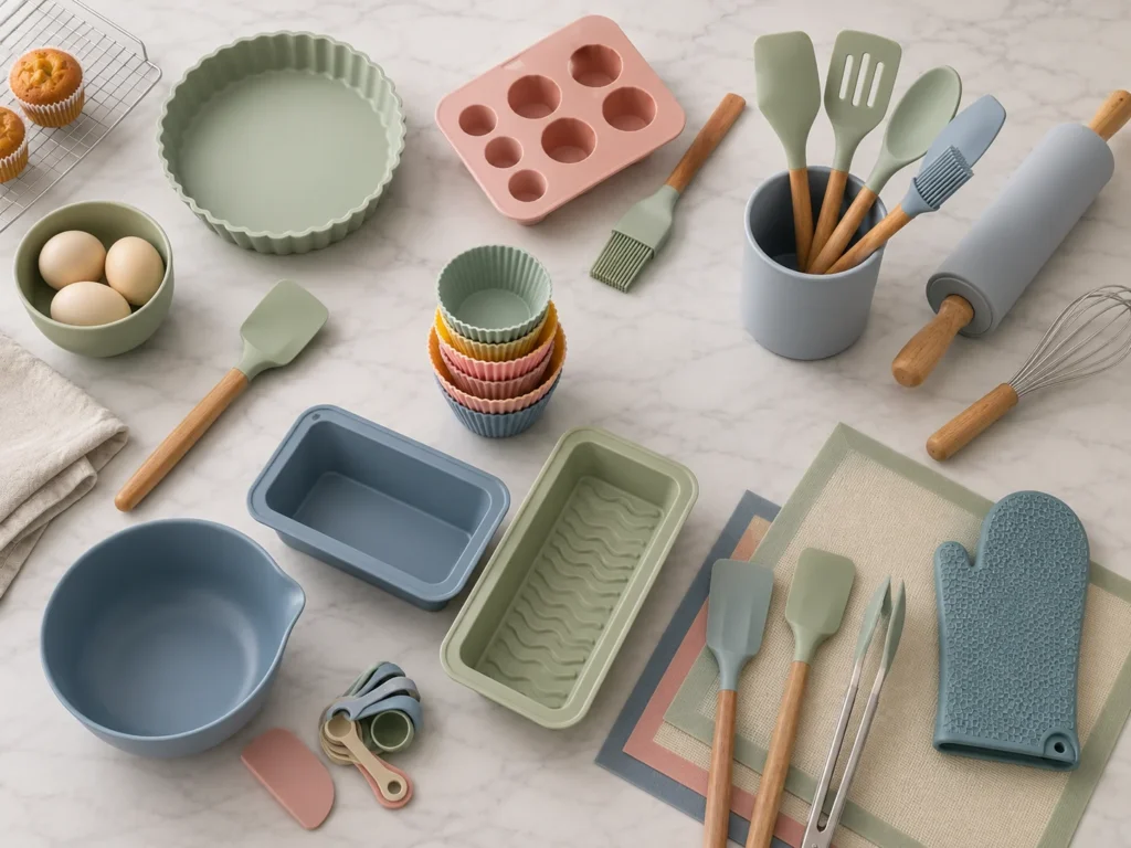 Food-grade silicone kitchen utensils and bakeware including spatulas, baking molds, rolling pins, baking mats, and cooking tools