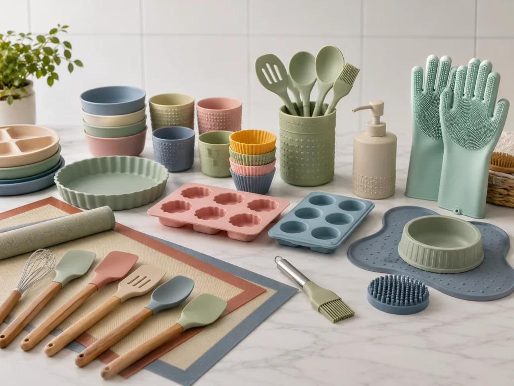 Food-grade silicone kitchen utensils, bakeware, tableware, cleaning accessories, and pet products by Momeni