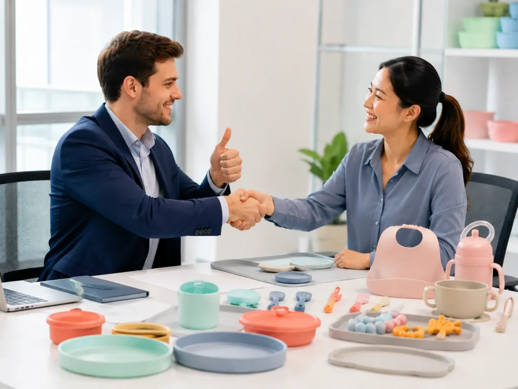 International customer reviewing food-grade silicone product samples during a successful business meeting