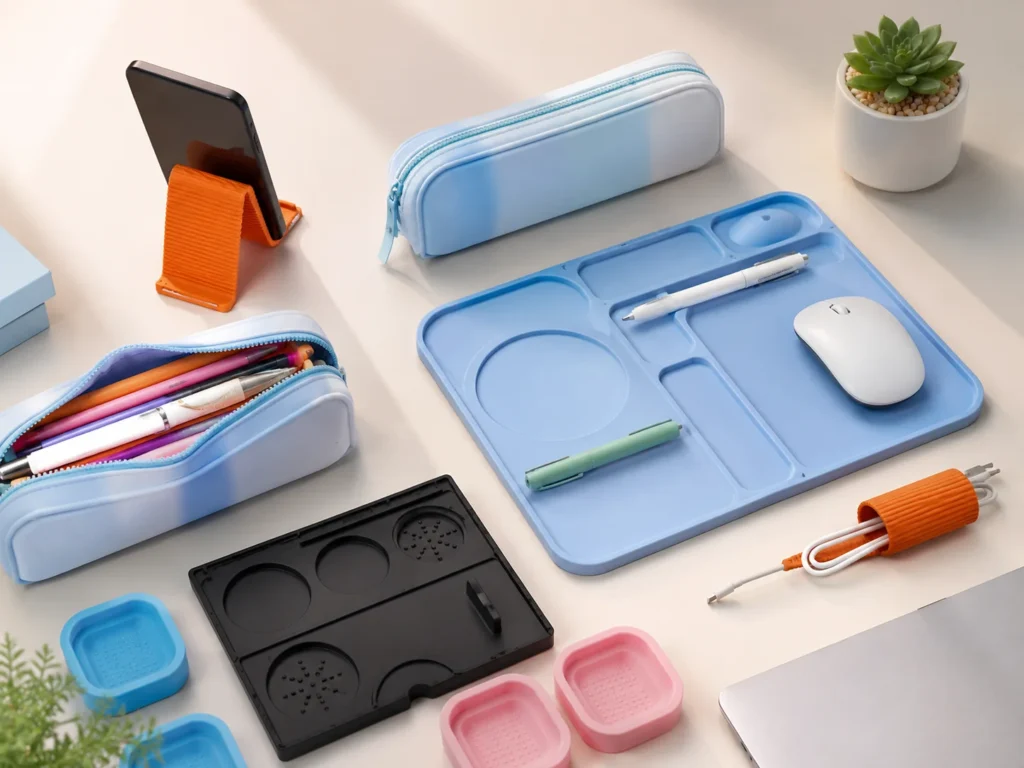 Silicone office and school supplies with desk organizers, pencil case, cable holder and phone stand