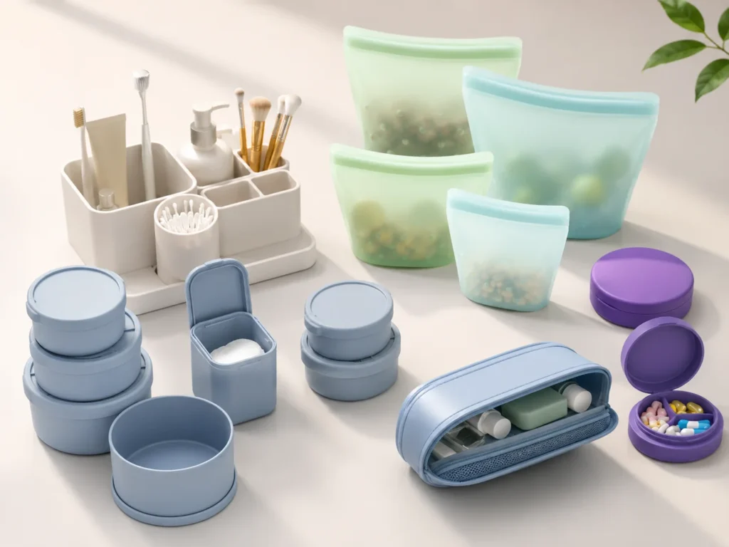 Silicone storage and organizer products including reusable food storage bags, storage containers, bathroom organizers and travel organizers